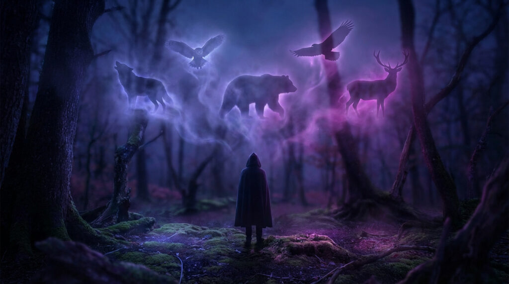 Personne encapuchonnée dans une forêt sombre, face à des esprits animaux lumineux (loup, ours, aigle, cerf, hibou) aux teintes violettes et bleues.