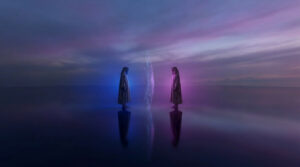 Deux figures encapuchonnées face à face sur une surface miroir, séparées par une colonne lumineuse, sous un ciel céleste aux teintes violettes et bleues.