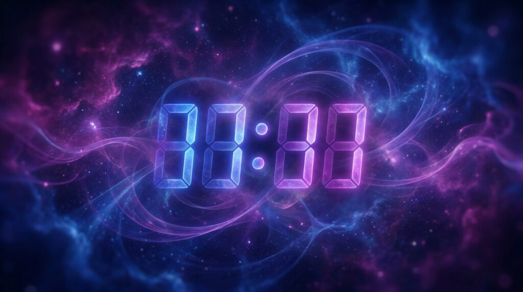 Horloge digitale affichant 00:00, chiffres lumineux bleus et violets sur fond de nébuleuse cosmique étoilée. Ambiance mystique.