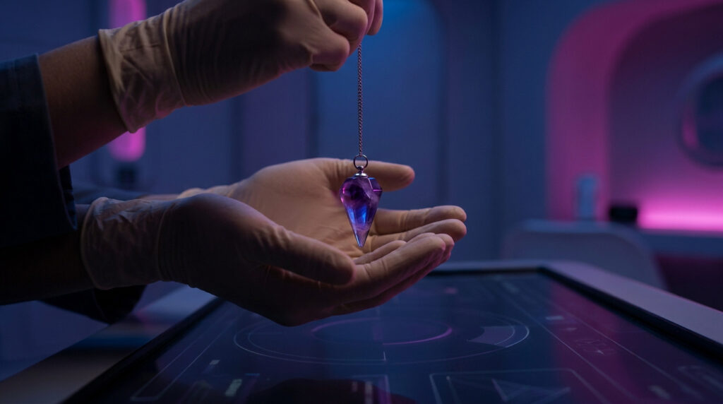Une personne gantée utilise un pendule en cristal violet dans un labo futuriste, cherchant des réponses fiables pour 2026.