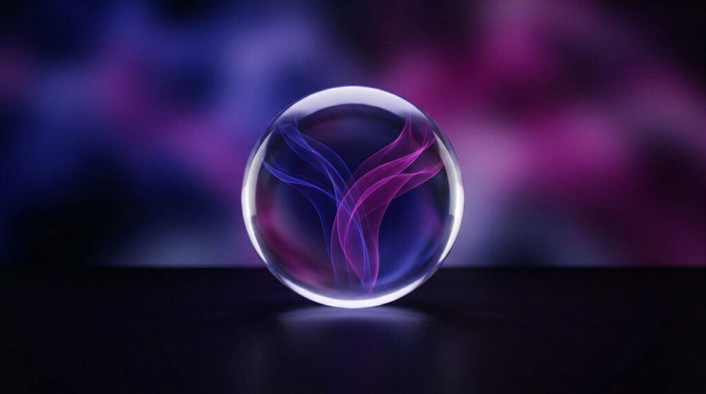 Une boule transparente sur fond flou bleu et violet. À l'intérieur, des volutes lumineuses abstraites bleues et magenta créent un effet éthéré.
