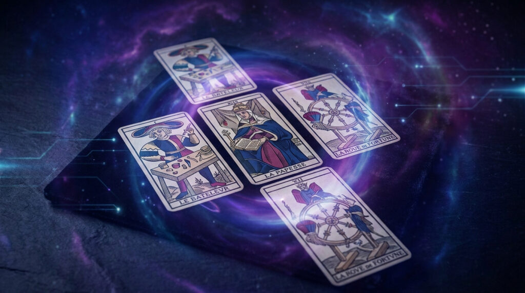 Cinq cartes de Tarot de Marseille (Le Bateleur, La Papesse, La Roue de Fortune) étalées sur une surface cosmique bleue et violette avec des éléments numériques lumineux.