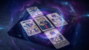 Cinq cartes de Tarot de Marseille (Le Bateleur, La Papesse, La Roue de Fortune) étalées sur une surface cosmique bleue et violette avec des éléments numériques lumineux.