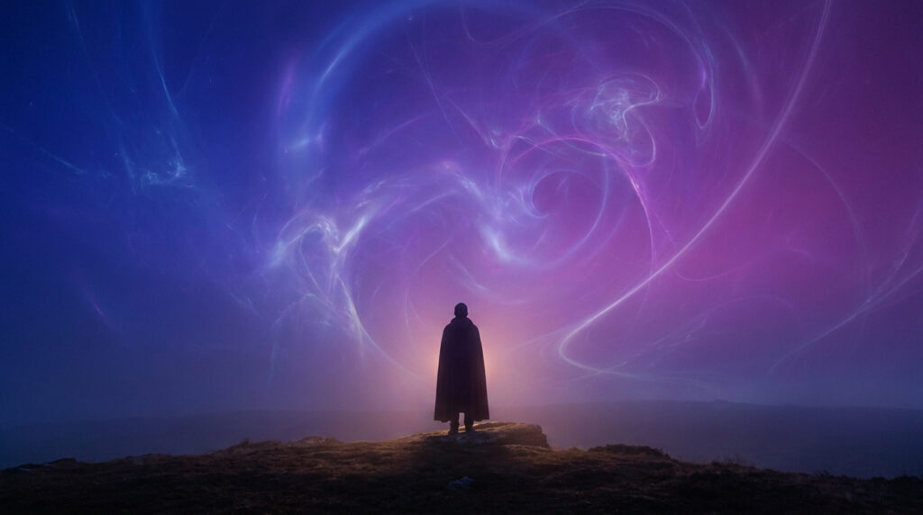 Silhouette encapuchonnée sur une colline, regardant un ciel cosmique aux volutes bleues et violettes, évoquant la quête spirituelle.
