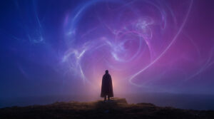 Silhouette encapuchonnée sur une colline, regardant un ciel cosmique aux volutes bleues et violettes, évoquant la quête spirituelle.
